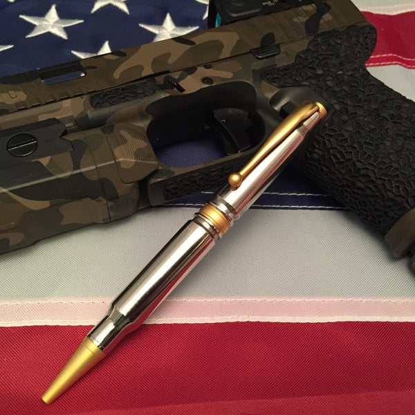 Real bullet pen Nickel with Satin Gold Ring